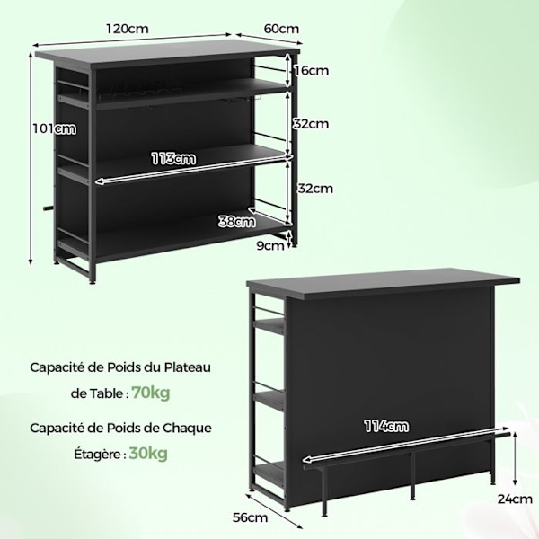 COSTWAY 4-kerroksinen keittiön senkki, baaripöytä 3 avoimella hyllyllä, viiniteline ja viinilasiteline, 120x60x101cm, musta Svart