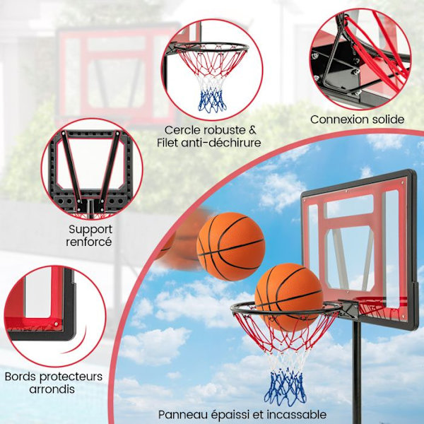 COSTWAY børnebasketballbøjle-Justerbar Højde 115 til 135cm-2 Mobile hjul-Anti-rive Net-Added Base 38,5 kg Sand