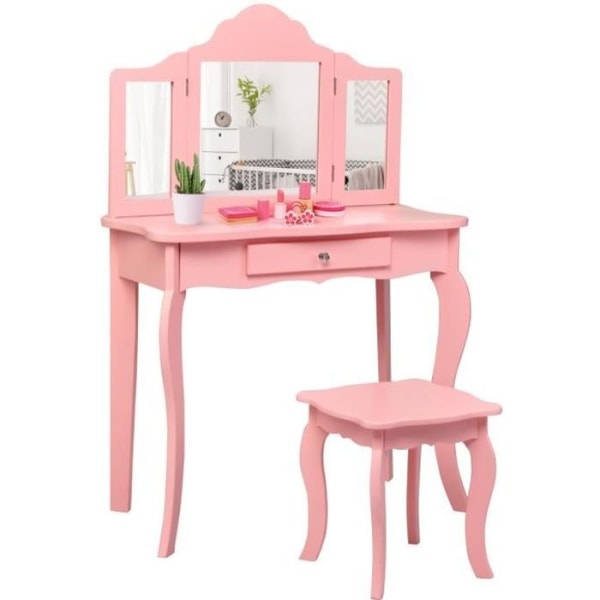 COSTWAY Rosa sminkbord för barn med pall, sminkbord med trepanelsspegel och låda, 70 x 34 x 103 CM