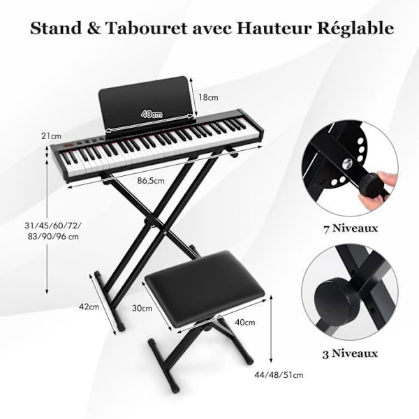 COSTWAY bærbart elektrisk tastatur 61 taster med justerbart stativ Foldbart polstret bænkstativ Mikrofon Headset Audio Begynder