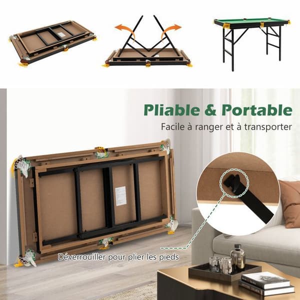 Foldable Billard Table COSTWAY - 2 Cues, 2 Chalks, 16 Balls, Triangle and Brush - Felt Surface 122 cm for Apartments Green