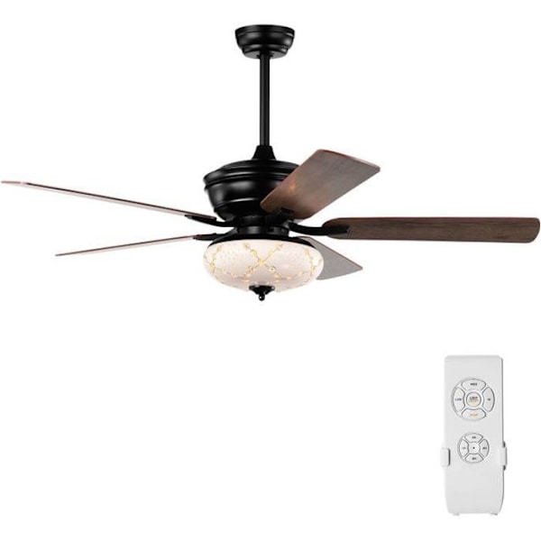 COSTWAY Loftsventilator med LED lys 132 cm vendbar motor 5 blade, 3 hastigheder, Timer dekoration Retro stil mat sort Mattsvart, svart valnötsträkorn, gr
