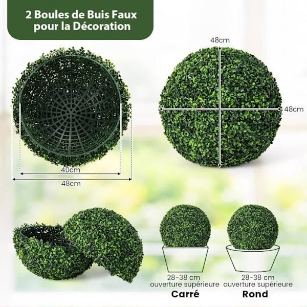 COSTWAY kunstig plante - 2 buksbomkugler (dia.: 45 CM) buksbomkugler UV-resistente dekorative til indendørs udendørs