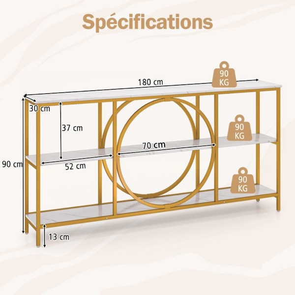COSTWAY Konsolbord XXL - 3 Nivåer 180 x 30 x 90 cm (L x b x H) Marmor Effekter Guldmetallram