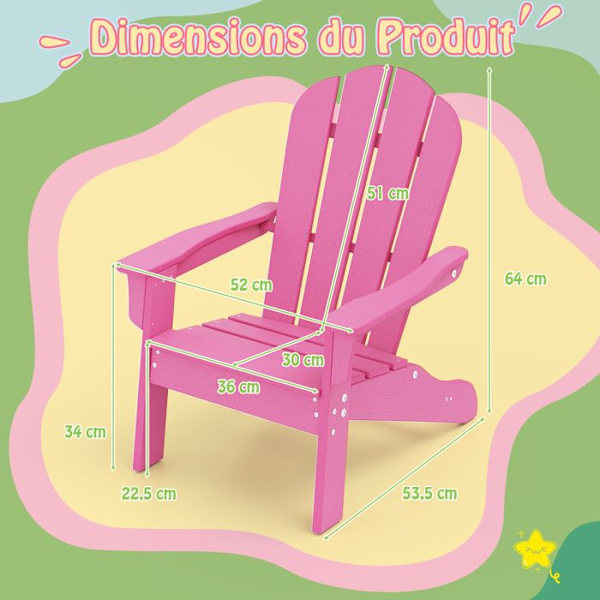 Adirondack Havebørnestol 3 til 8 År - COSTWAY - Høj Densitet Polyethylen Året Rundt Ergonomisk Design Pink