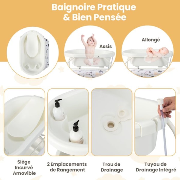 COSTWAY Babyskiftebord-Badekar 20L 4 i 1 Sammenklappelig med 4 Hjul, 1m Rør, Opbevaringsbakke PVC Vandtæt Pude 35Kg Hvid