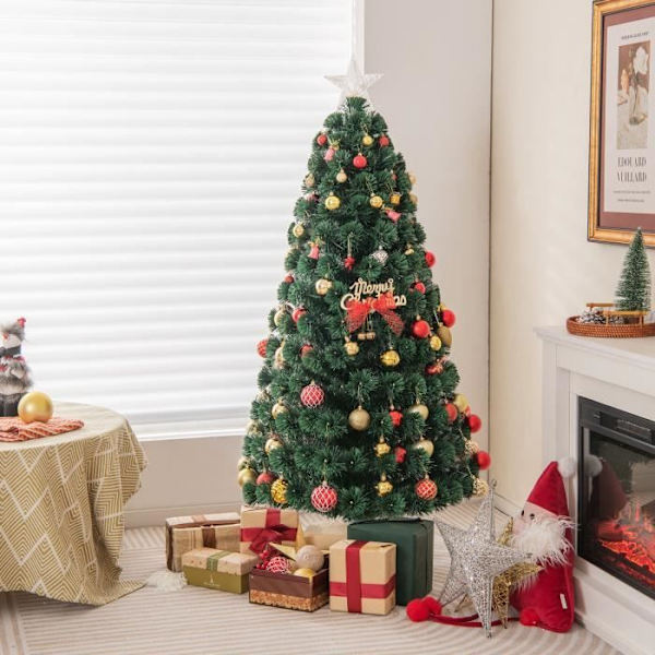 COSTWAY 150 cm kunstigt juletræ, med 170 LED-lys, 8 lystilstande, lysende stjerne i toppen, fiberoptik