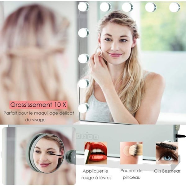 COSTWAY Hollywood Makeup Mirror LED Touch Control Belysning, 10X förstoring, Bluetooth-högtalare, 3 färger justerbar