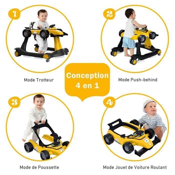 COSTWAY Musical Foldbar Baby Walker 4 i 1 biludseende pusher Justerbar højde og hastighed med lysegult rat gult och svart