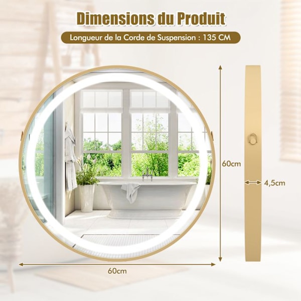 Vægmonteret makeup spejl 60x60CM COSTWAY hængestrop & 3 farve LED lys & hukommelsesfunktion til badeværelse sølv Pengar