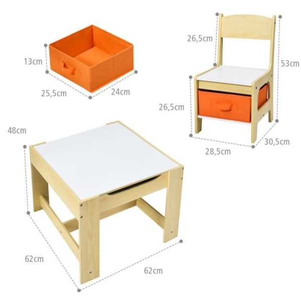 COSTWAY barnbord och 2 stolar set, 2-sidigt (svart och vitt), 2 förvaringslådor, för att rita, äta, studera, leka
