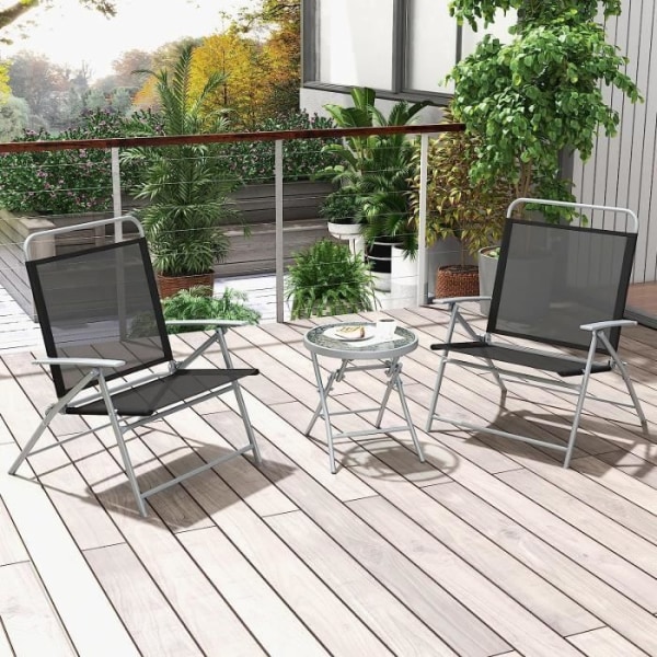 COSTWAY Garden Lounge Set med 2 hopfällbara stolar och 1 bord, metallram, soffbord i härdat glas för balkong uteplats