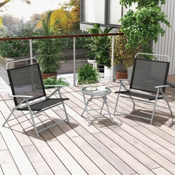 COSTWAY Garden Lounge Set med 2 hopfällbara stolar och 1 bord, metallram, soffbord i härdat glas för balkong uteplats Svart silver