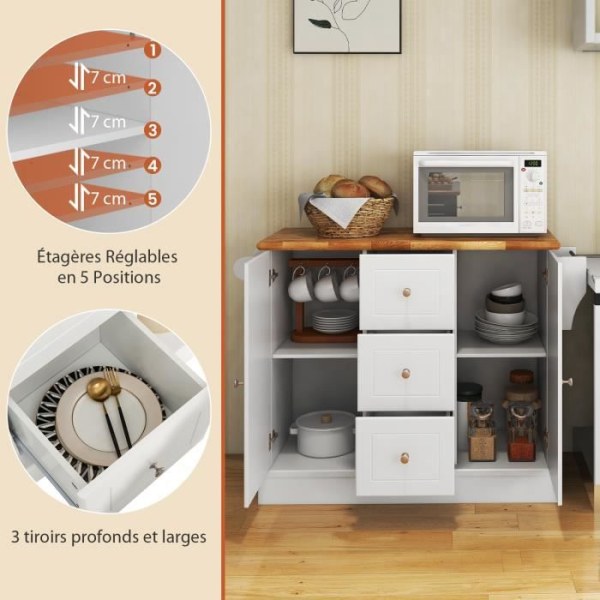 COSTWAY köksvagn - 5 dolda hjul - 127x46x91,5 cm - Central köksö - Dörr, lådor, handduksställ, kryddställ Vit