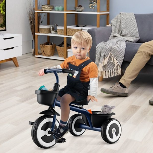 COSTWAY Tricycle til Barn med Pedal, Justerbart Sæde, Opbevaringskurve, Robust Kulstofstål, 4 EVA Hjul, 1,5 til 5 År, Blå