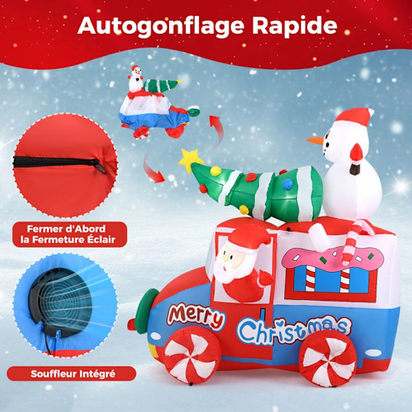 COSTWAY 70" uppblåsbar jultomte på bil, uppblåsbar dekoration med snögubbe, julgran och krans, 5 LED