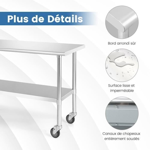 COSTWAY Ruokapöytä Ruostumattomasta Teräksestä Lukittavilla Pyörillä 122x61x90cm Säädettävä Alahylly Työskentelypinta