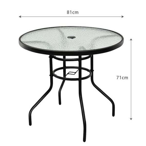 COSTWAY Rund Havebord i hærdet glas med parasolhul, Plade ø 80 CM, til Bistro Patio Terrasse, Sort Svart