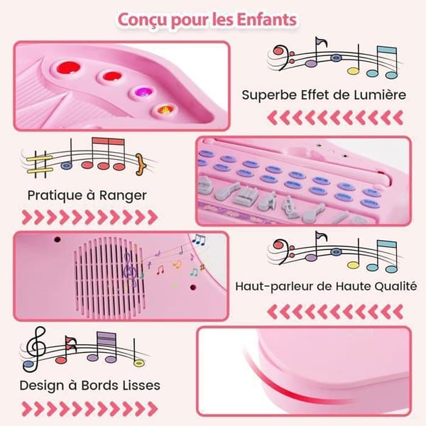 Klaver til Børn 37 Taster med Taburet COSTWAY Mikrofon, 3 Undervisningsmetoder LED, MP3 8 Musikstile, 22 Sange Rosa