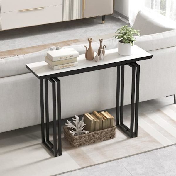 COSTWAY-konsolipöytä, marmoriefekti - 110 x 30 x 81 CM, skandinaaviset eteisen kalusteet, musta metallikehys Vit och svart