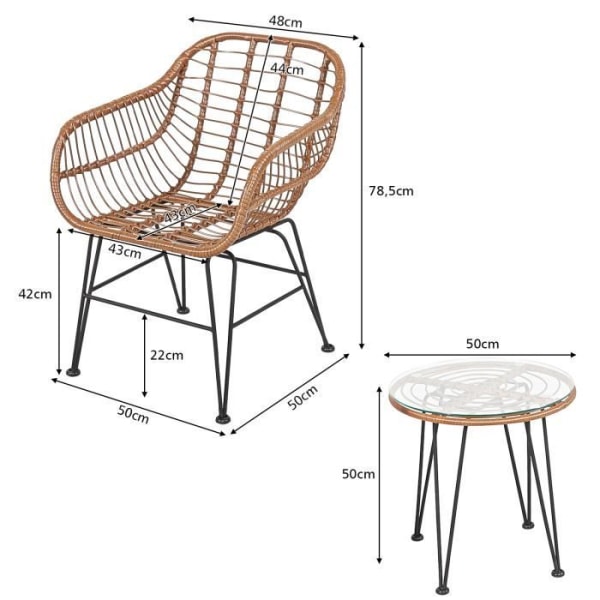 COSTWAY Rottinkiset puutarhakalusteet 2 nojatuolia + 1 sohvapöytä (lasitaso), irrotettavat tyynyt, bali-tyylinen luonnollinen väri