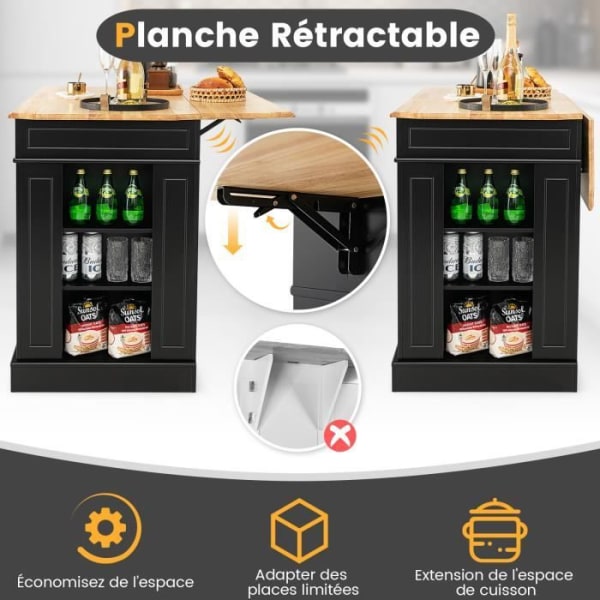 COSTWAY Keittiövaunu Central Kitchen Island - Taitettavat työtasot, laatikot, 2 ovea, säädettävä hylly - musta
