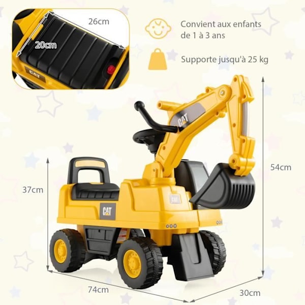 COSTWAY Leksaksgrävmaskin för barntraktor med roterande skopa, antisladdhjul, hornknapp, sätesförvaring, 25 kg, 1-3 år gult och svart