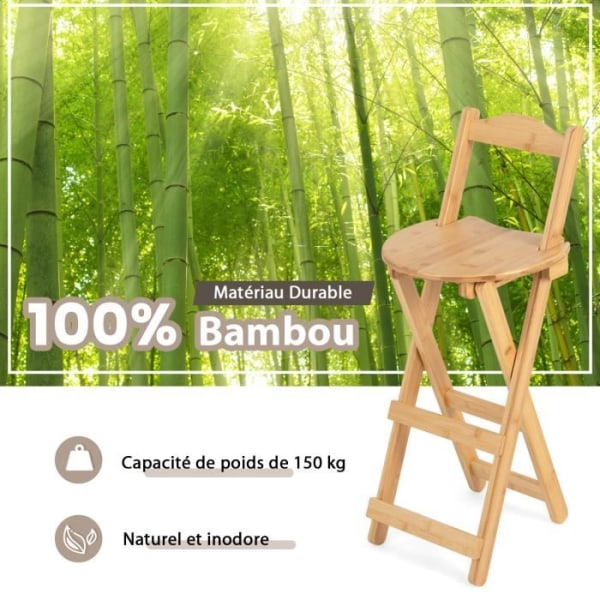 COSTWAY Set med 2 hopfällbara barstolar i bambu, Bistro Barstol Hög pall med fotstödshandtag, ingen montering