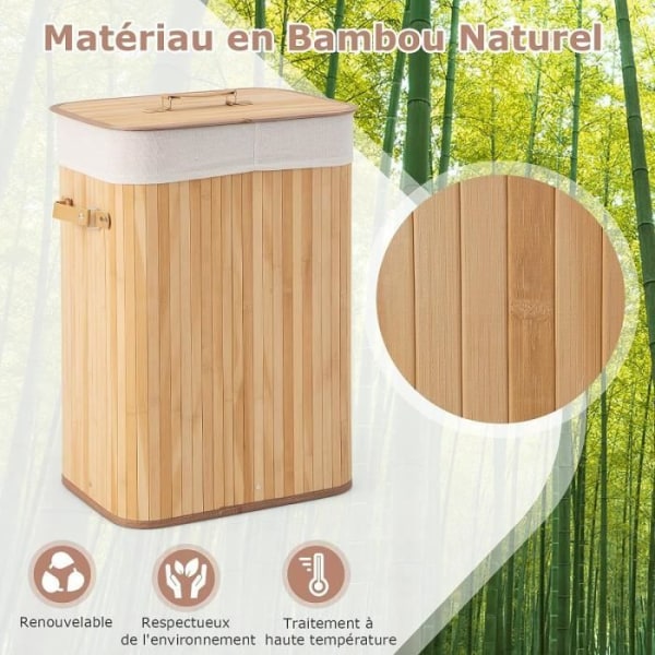 COSTWAY 72L bambu tvättkorg med lock och 3 handtag för tvättstuga, badrum Natural