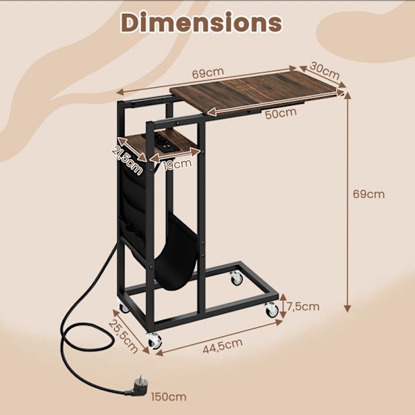 COSTWAY rullende C-formet sidebord med ladestation, med udtrækkelig bakke, opbevaringslomme, brun