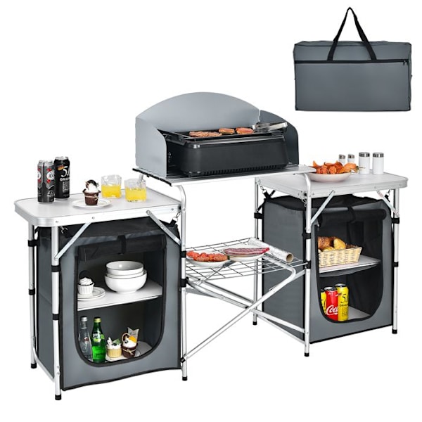 COSTWAY Foldable Havebord, Opbevaringshylde, Vindskærm Beskyttelse, Transporttaske, til Camping Picnic Festival Grå