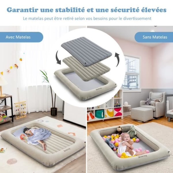 COSTWAY Inflatable Madras 1 Person Aftagelig 165x118x20cm Rejse Seng Barn Multifunktionel i PVC Fløjlsoverflade med Elektrisk Pumpe Beige