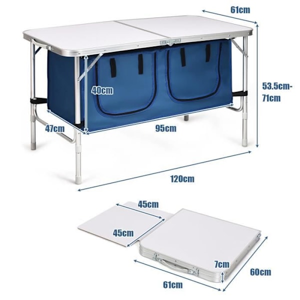 COSTWAY Fällbord för Camping med 2 Förvaringsfack Blå Höjdjusterbart Kompakt Trädgårdsbord för Picknick Blå