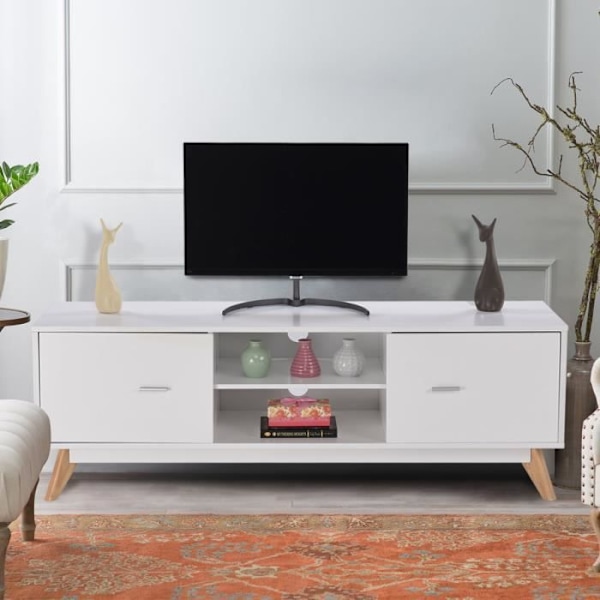 COSTWAY 60" tv-stativ med 4 rum 2 døre 2 kabelstyringshuller, 4 massive træben, stue, soveværelse, 140x40x48cm