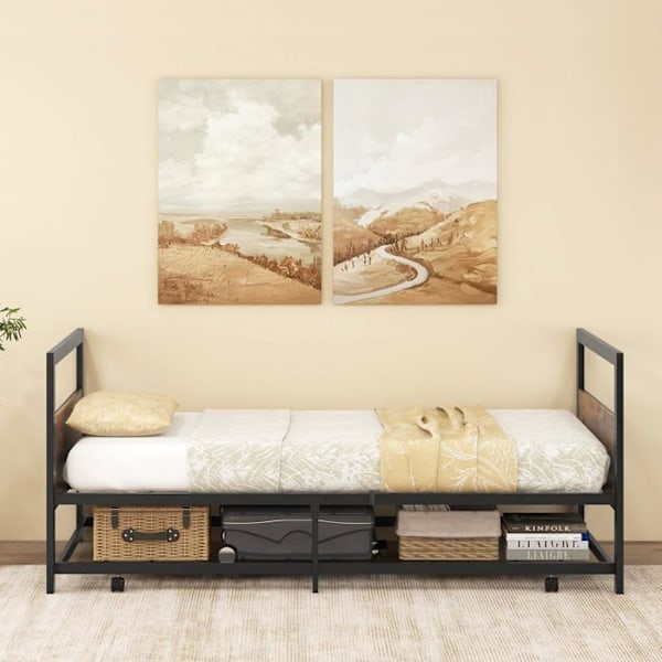 COSTWAY yhden hengen sänky 90 x 200 cm ulosvedettävällä vetoketjulla, sängyn runko sängynpäädyllä, taitettavat jalat, metallisäleet Färg: Rustik brun och svart