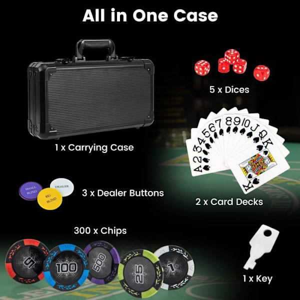 COSTWAY aluminium pokeretui - 300 chips - 2 spil kort - 5 terninger og 3 dealer chips, sort pokerboks Svart