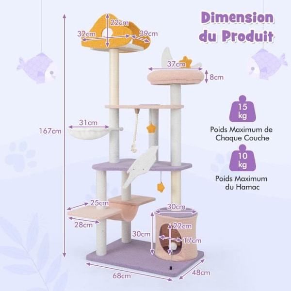 COSTWAY Cat Tree 167 CM, monitasoinen kissatorni, jousipallo, pehmoahven, riippumatto, sisalköysi lila och rosa