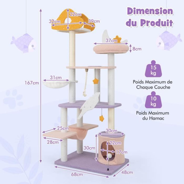 COSTWAY Cat Tree 167 CM, Multi-Level Cat Tower, Spring Ball, Plys Aborre, Hængekøje, Sisal Rope lila och rosa