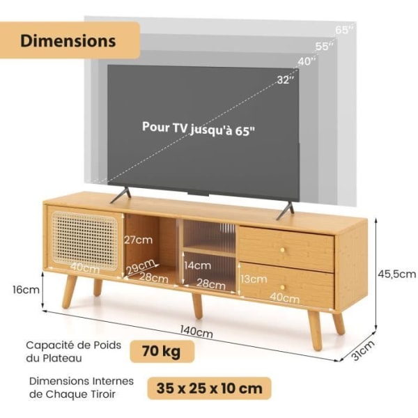 COSTWAY Bamboo TV-teline 65" televisiolle, 2 lokeroa, 2 laatikkoa, liukuovi, olohuoneeseen, makuuhuoneeseen, 140 x 31 x 45,5 cm