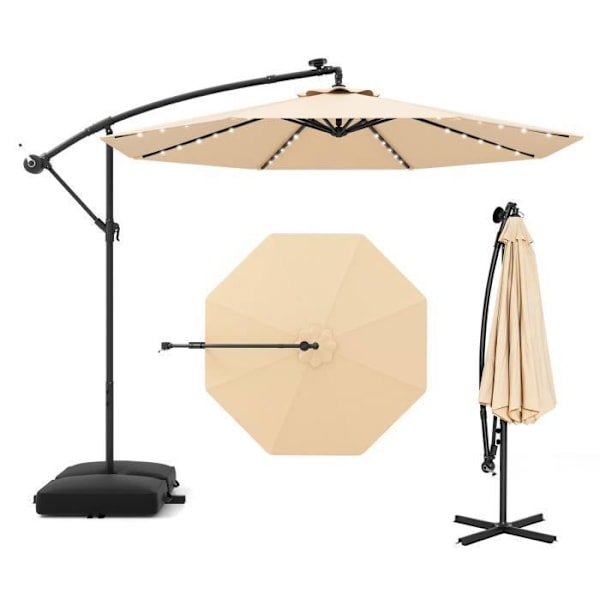 Parasol Déporté 3M - 40 LED-lampor - COSTWAY - Korsbas med Sandväska - Beige - UV-skydd 20+ Solpanel 6 timmar Beige