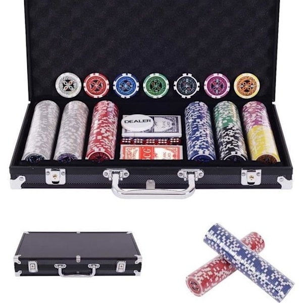 COSTWAY Ammattimainen Pokeripakkaus 300 Merkkiä 2 Korttipakkaa, 5 Noppaa, 1 Nappula, Alumiinitasku Svart