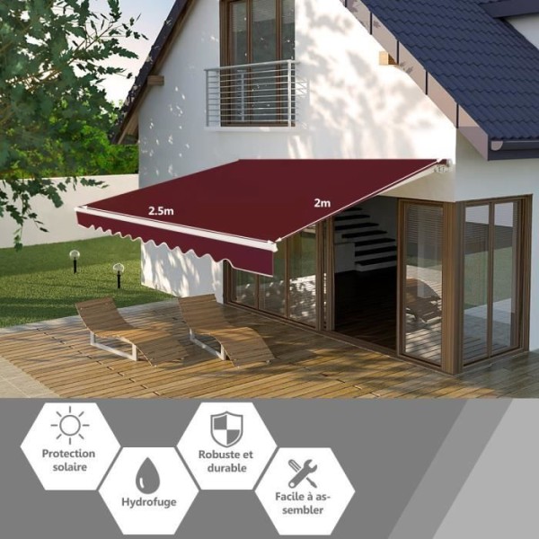 COSTWAY Infällbar balkongmarkis 2,5 X 2M med UV- och vattenbeständigt tyg Aluminiumram Justerbar vinkel 5-35° Röd