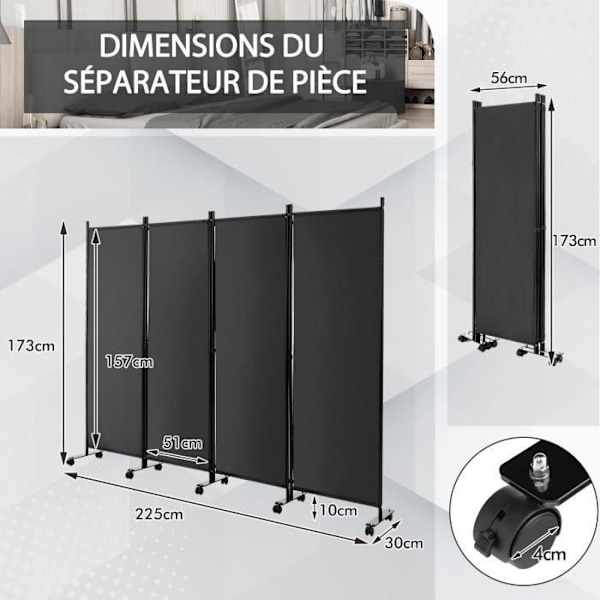 COSTWAY rullskärm 4 paneler Vikbar, fristående rumsavdelare Skydda integritet, 225 x 173 CM Grå