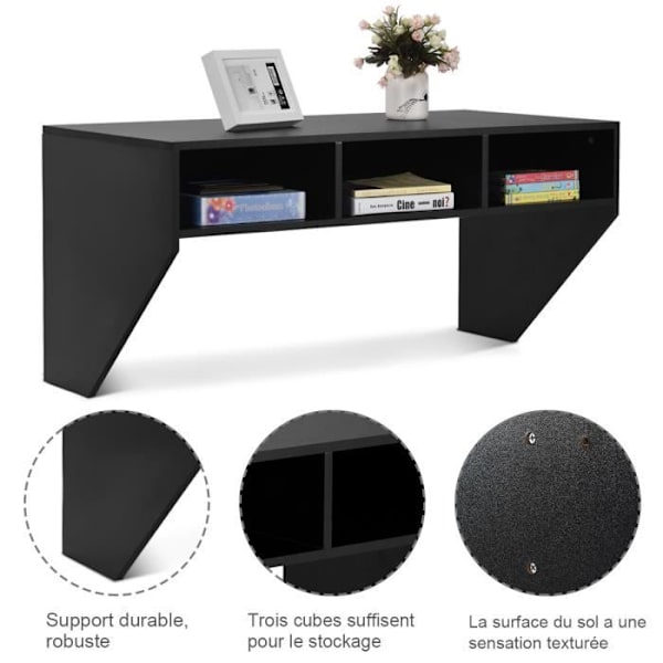 COSTWAY Vægbord med 3 opbevaringshylder 108 x 53 x 52 CM Bord til, arbejdsværelse, køkken, bar, osv. Sort Svart