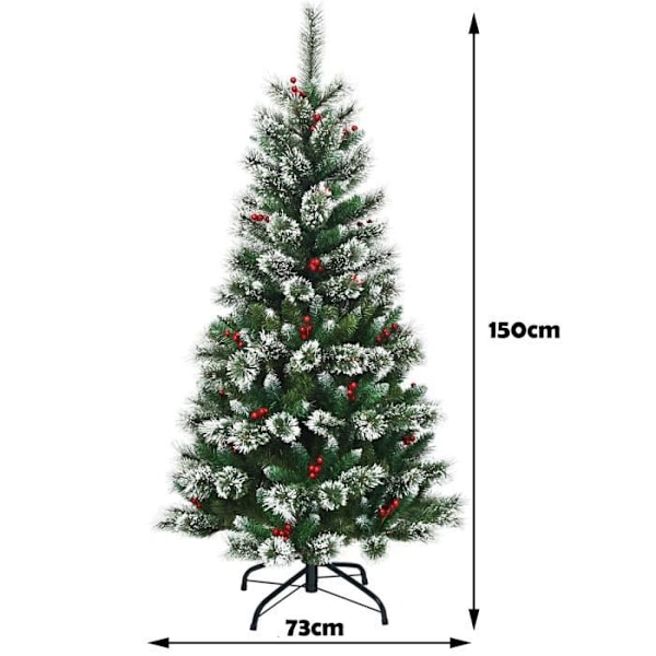 COSTWAY 150 cm Keinotekoinen joulukuusi lumihiutaleilla, punaisilla marjoilla Tiheä PVC-metallijalusta Tiheä design-juhlakoristelu Grön