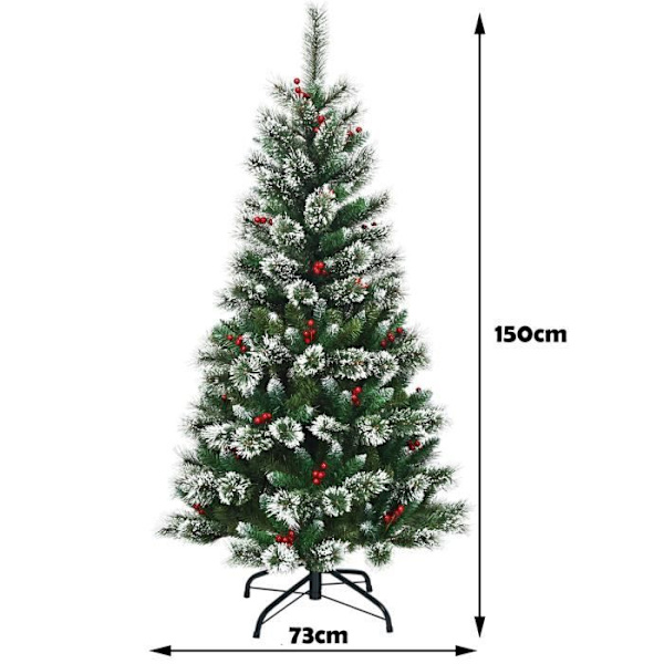 COSTWAY 150 cm konstgjord julgran med snöflingor Röda bär Tät metallbas PVC tät design Festdekoration Grön