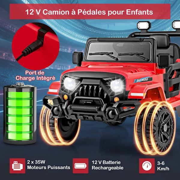COSTWAY sähköauto-12 V lapset 3+, kaukosäädin-kierrepyörät-pehmeä käynnistys-LED-valot-musiikki-3-6 km/h- punainen