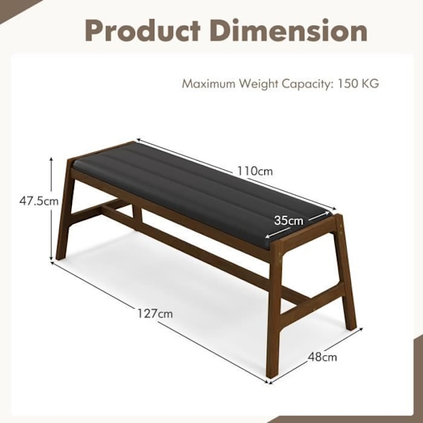 COSTWAY-bänk för 127 cm - Sitthöjd: 47,5 cm med mjuk PU-kudde, ram av gummi för entré, matsal