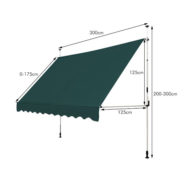 COSTWAY Butik Banne Manuel Retractabel uden Bor 300x125CM-Vinkel, Justerbar Højde-i Metal og Stof-Vindue, Altan, Have-Grøn