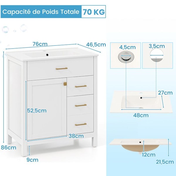 COSTWAY Badrumsmöbler med handfat, 2 lådor och 2 dörrar, keramisk handfat, för badrum, 76 x 46,5 x 86 cm, vit Vit